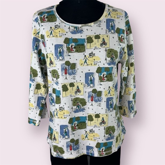 Christopher & Banks Tops - Christopher Banks XL Dog Cityscape Graphic Top Pullover Cotton 3/4 Sleeve Spring